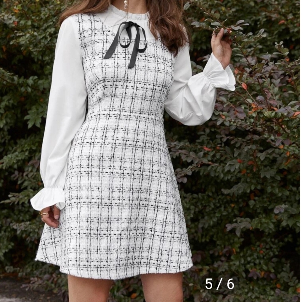 LIKE NEW Flounce Sleeve Knot Front 2 In 1 Tweed Dress with Ribbon
